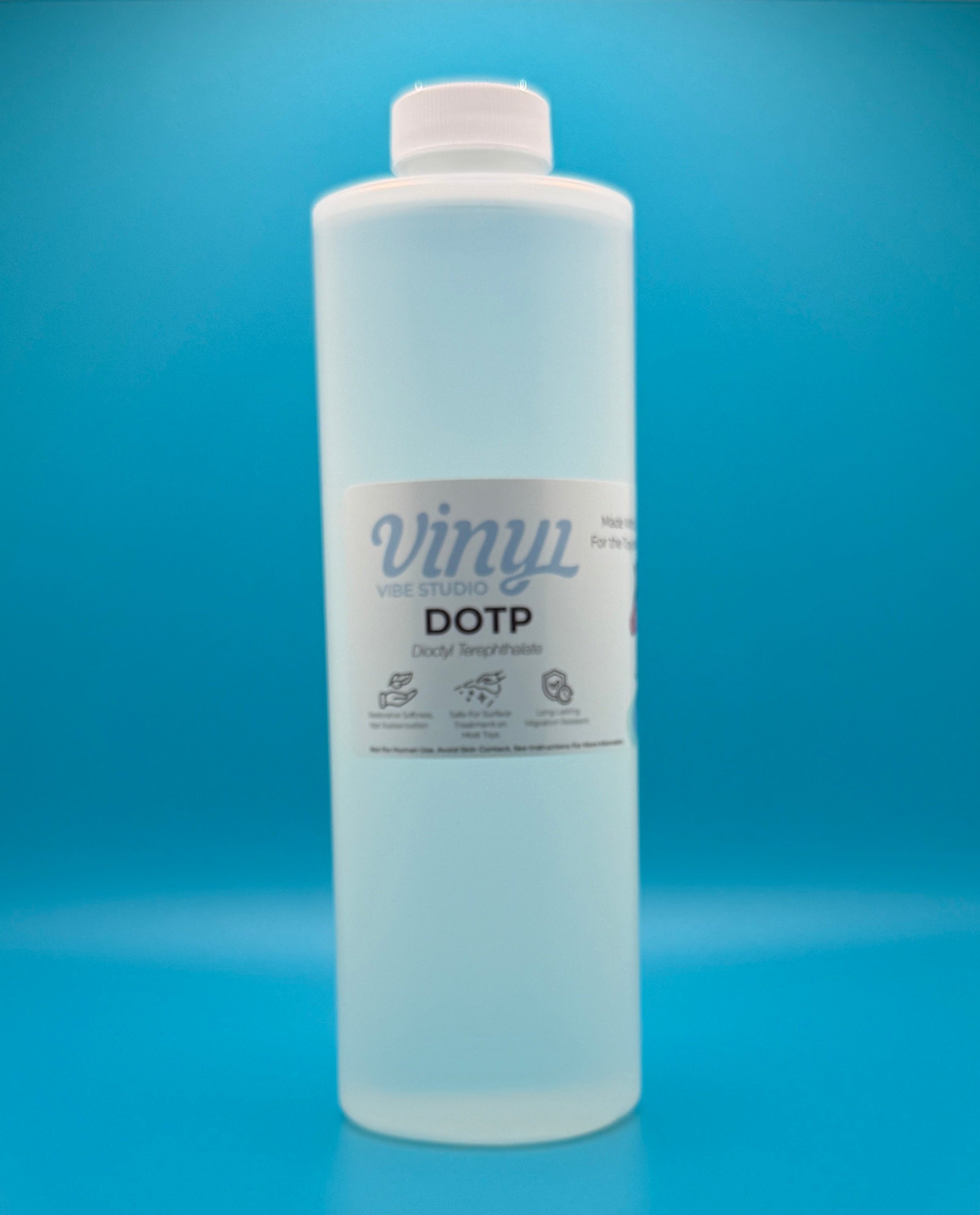 16 fl oz Clear bottle of DOTP - PVC/vinyl Plasticizer/conditioner on a blue background