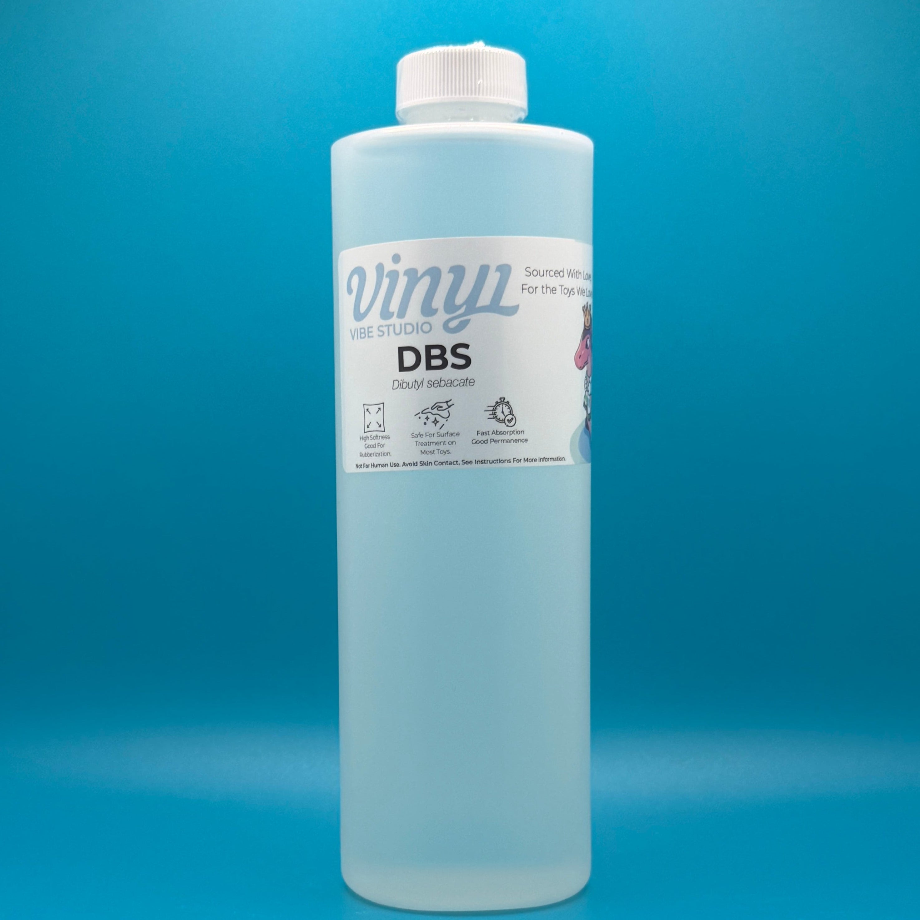 16 fl oz Bottle of DBS - PVC/ vinyl plasticizer & conditioner on a blue background