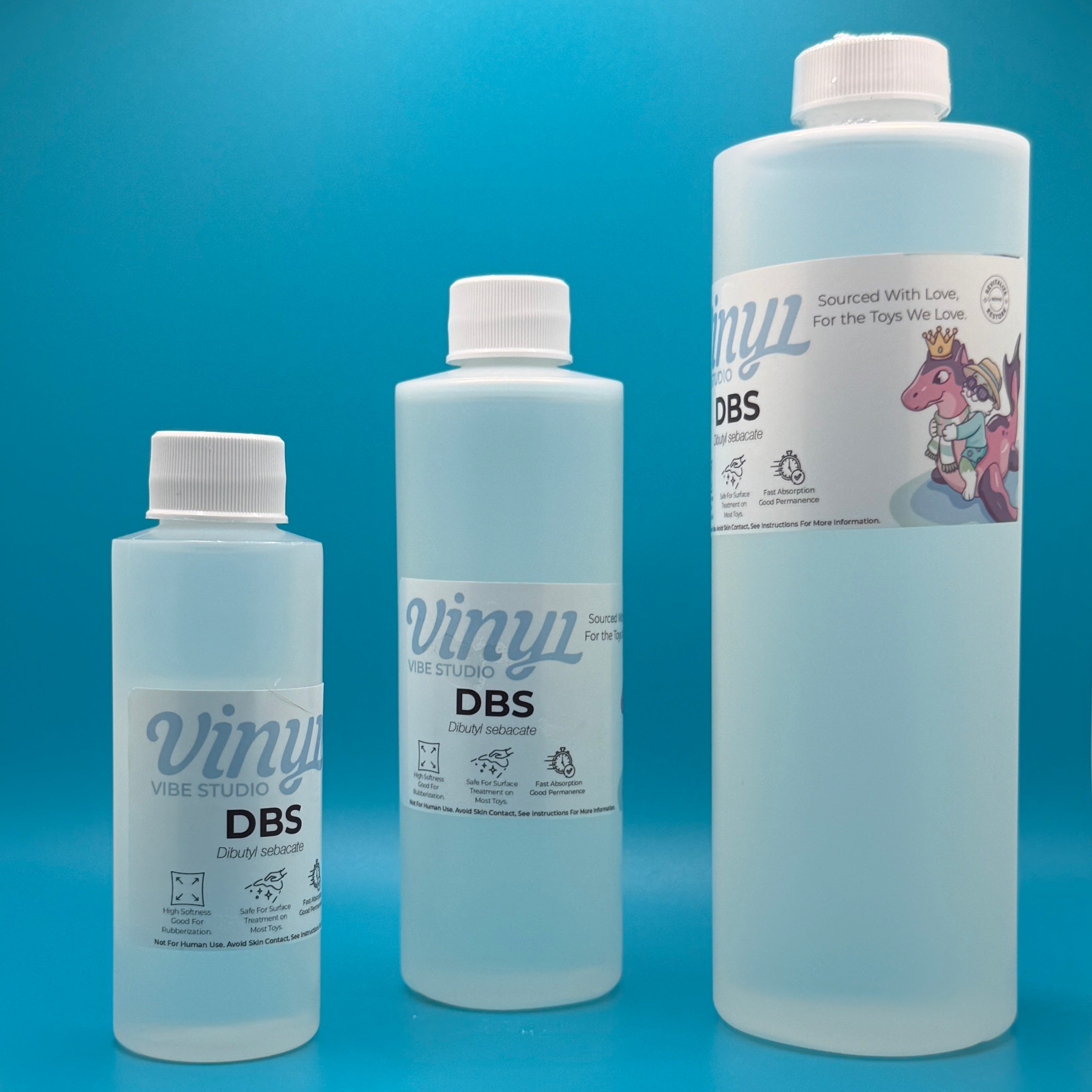 Three bottles of DBS - PVC/ vinyl plasticizer & conditioner on a blue background