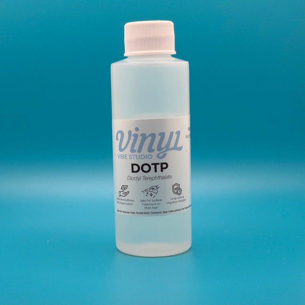 4 fl oz Clear bottle of DOTP - PVC/vinyl Plasticizer/conditioner on a blue background
