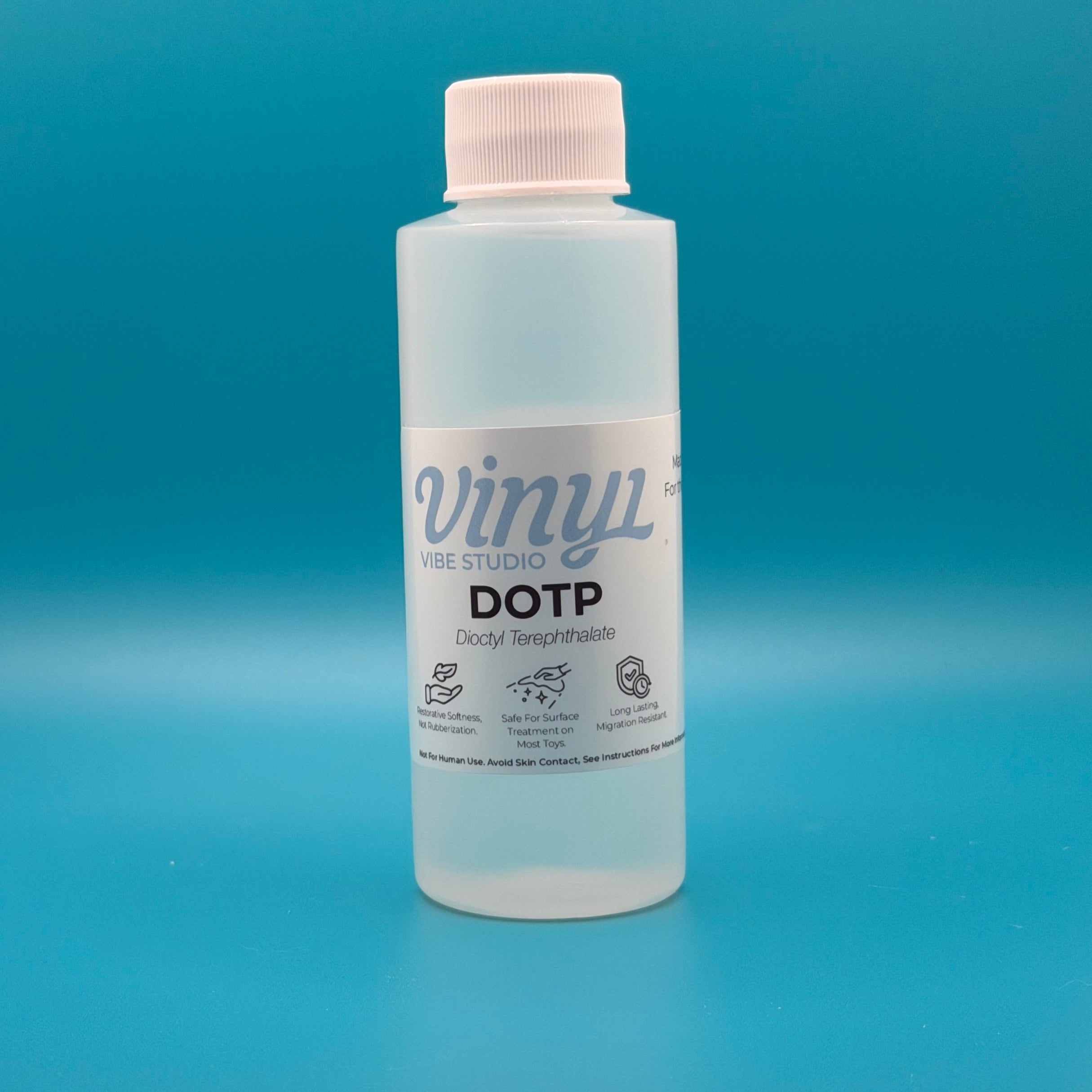 4 fl oz Clear bottle of DOTP - PVC/vinyl Plasticizer/conditioner on a blue background