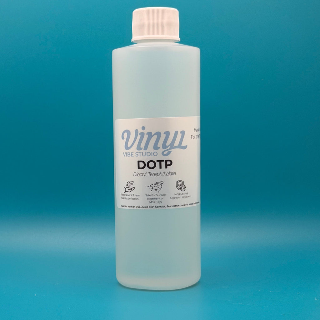 8 fl oz Clear bottle of DOTP - PVC/vinyl Plasticizer/conditioner on a blue background